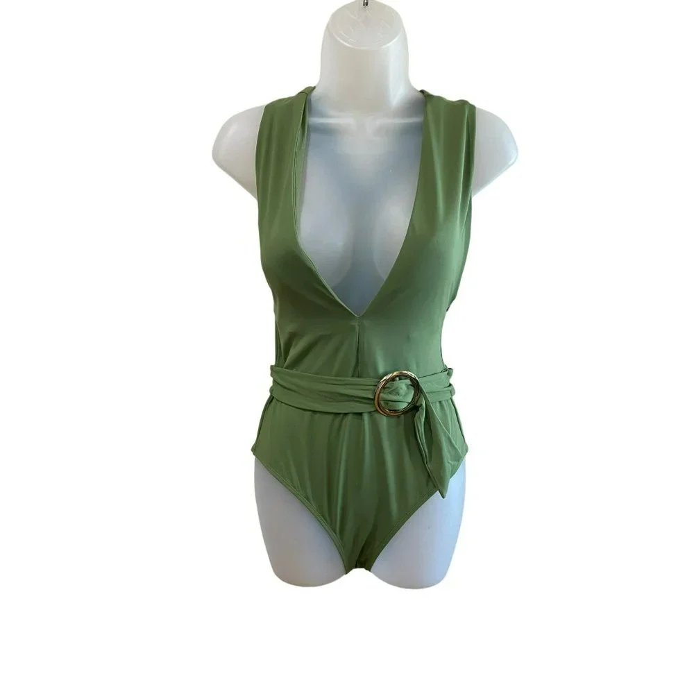Women's Solid Deep V One Piece Swimsuit Bay Leaf SIZE Medium